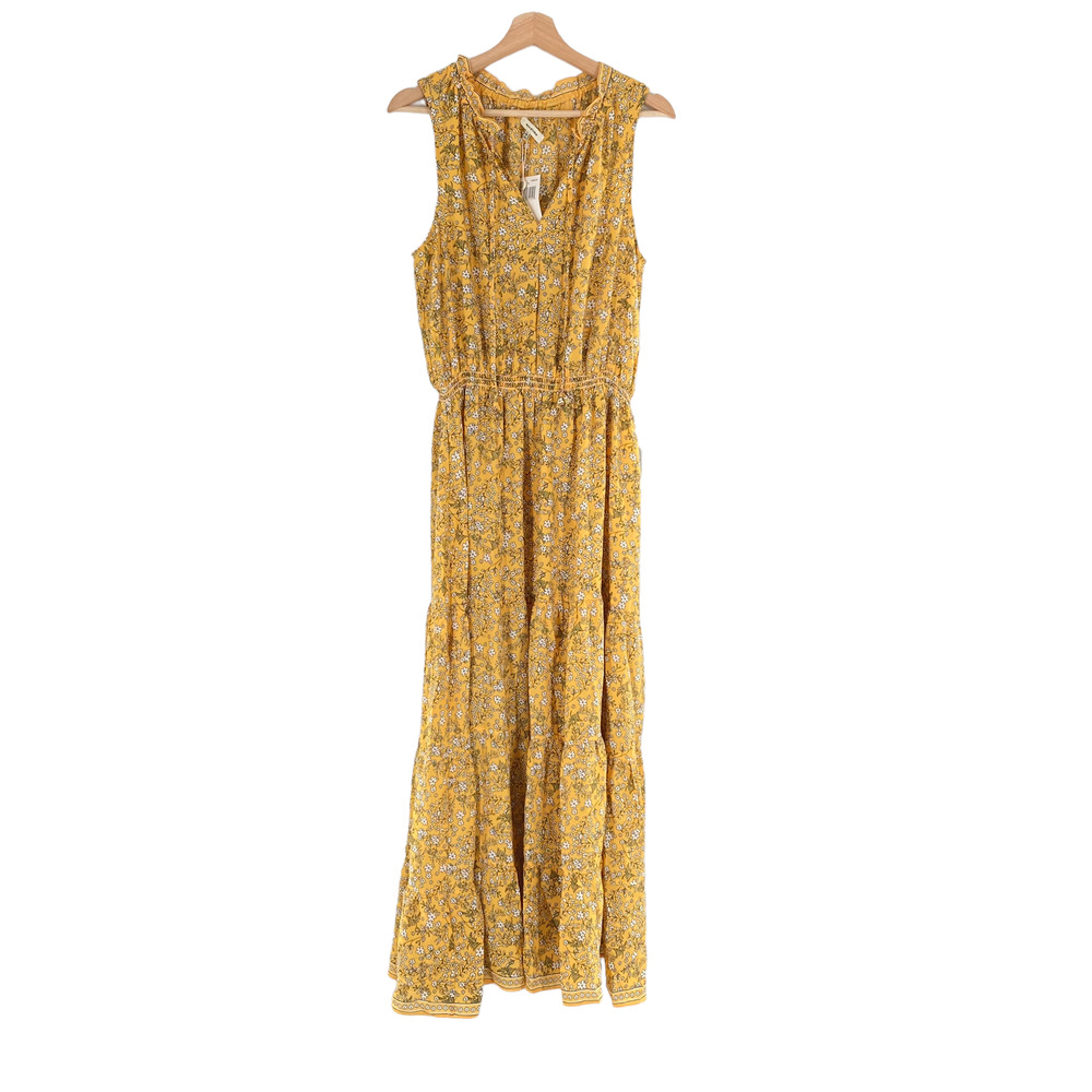 Max Studio Maxi Floral Print Smocked Waist Sleeveless Yellow